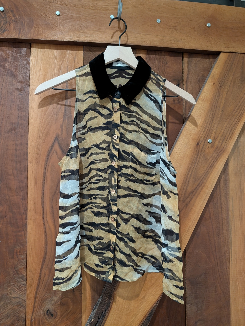 Equipment Sleeveless Tiger-Print Button Front Top in Tan, Black, White